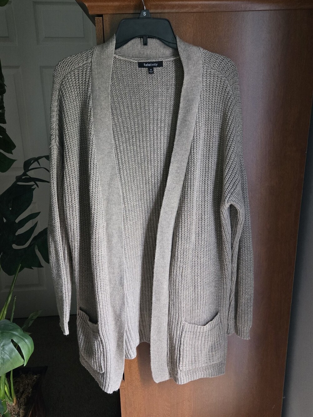 Relativity Oatmeal Cardigan Sweater Open Front With Lace Up Sides.